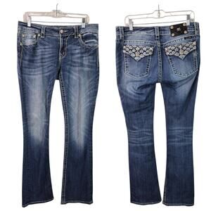 Miss Me Signature Rise Boot Cut Sequin Bling Flap Pocket Blue Jeans 30 x 34